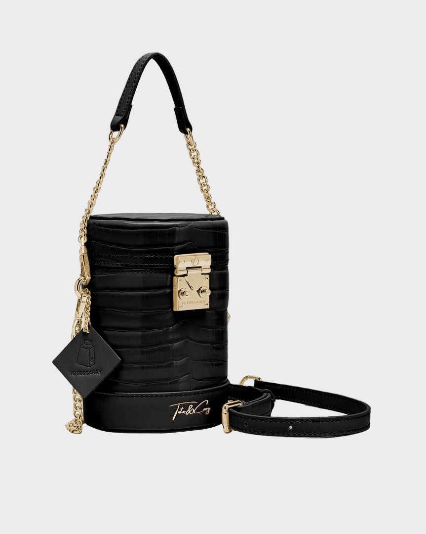 Petit Croc Barrel Purse in Black