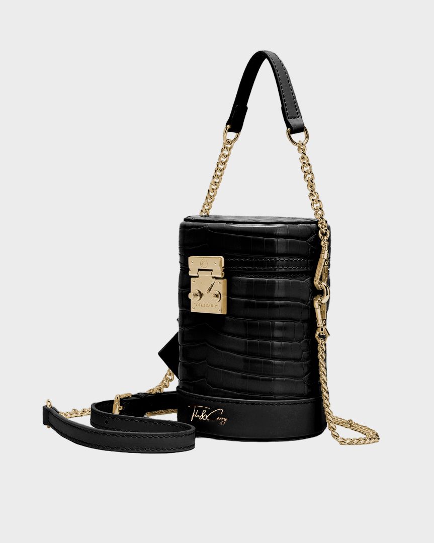 Petit Croc Barrel Purse in Black