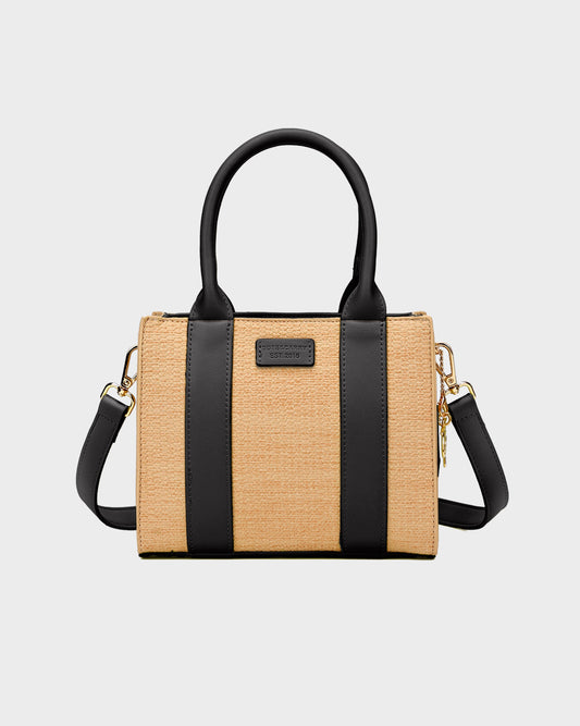 Pebble Leather Mini Tote Bag in Black & Beige