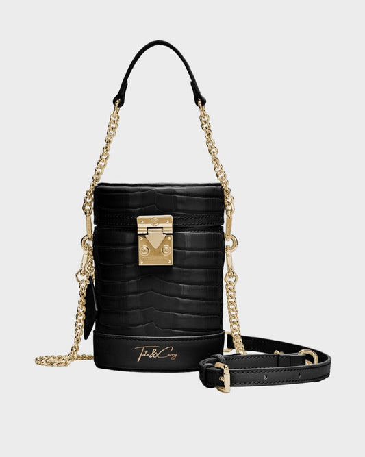 Petit Croc Barrel Purse in Black